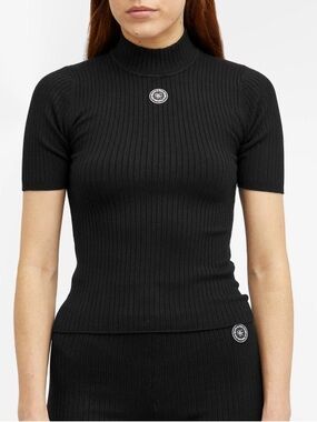 Sporty & Rich Wellness Club Black Ribbed Short-Sleeve Mock Neck Top